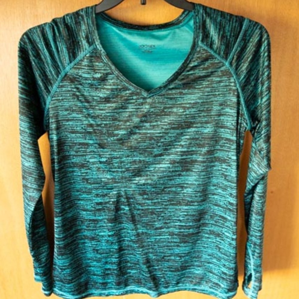 Jockey Aqua Blue w Black VNeck Exercise Top womens L